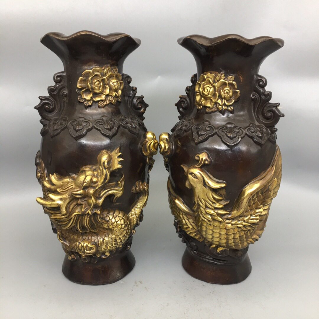 批发铜龙凤花瓶摆件仿古点金花瓶一对家居客厅工艺品装饰品摆设