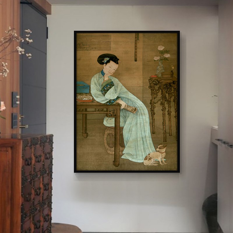 春闺倦读图清代名画中古法式混搭古典装饰画新中式仕女图客厅挂画