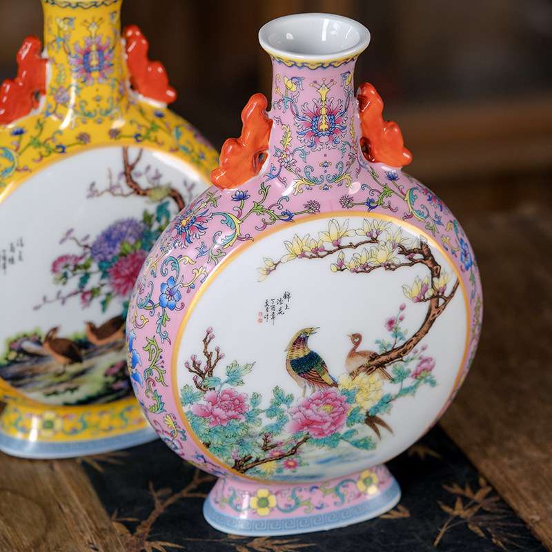 景德镇仿古花鸟花瓶家居客厅博古架中式装饰插花摆件送礼抱月瓶子