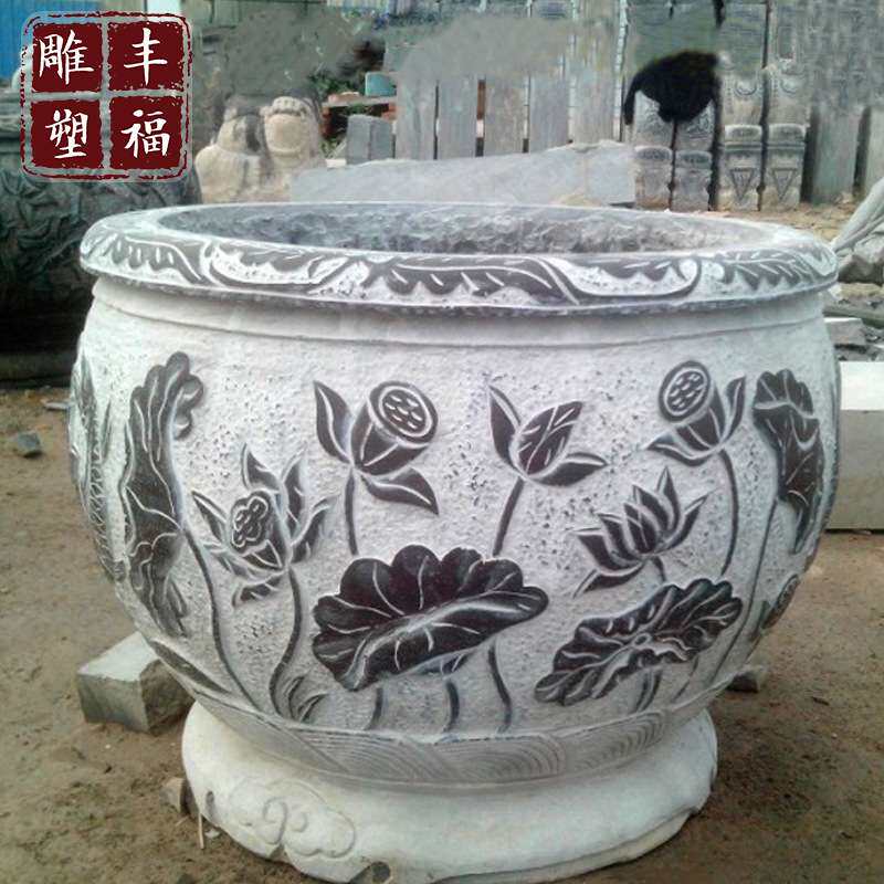 石雕鱼缸花盆厂家 花岗岩雕刻石材广场黄锈石仿古花钵落地摆件
