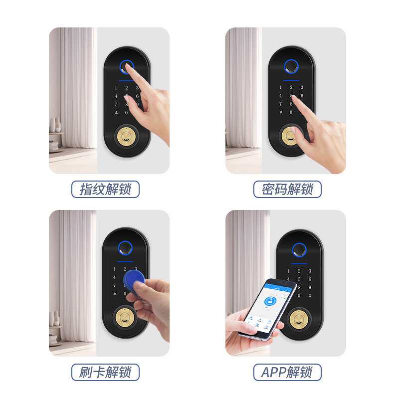 智能家用门禁免布线指纹密码小程序遥控防盗门铁门木门牛头锁通通