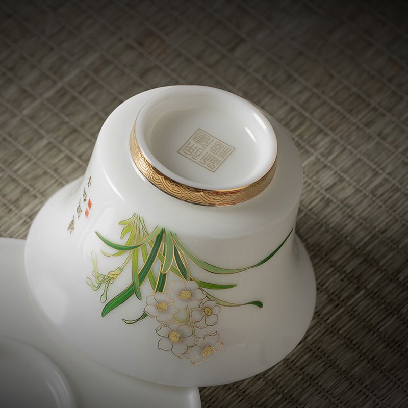 隐山文创水仙冰种玉瓷茶具套组德化白瓷轻奢高端凌波仙子盖碗伴手