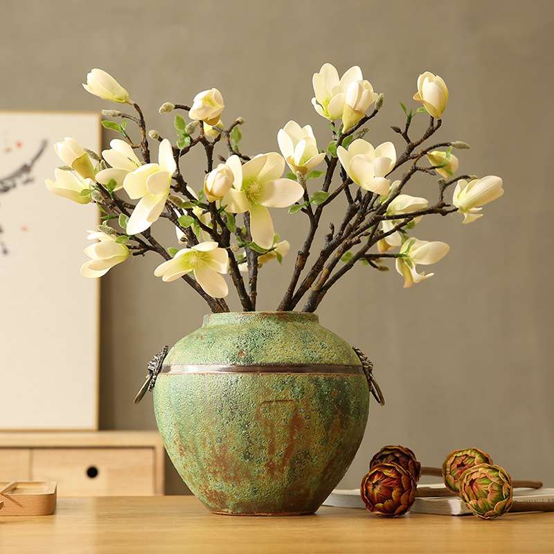 铜环陶瓷陶罐粗陶复古做旧仿真干花瓶摆件客厅插花家居创意装饰品
