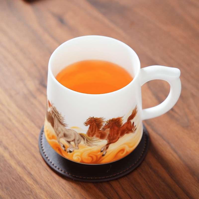 传统手工羊脂玉陶瓷办公杯马克杯精心制作陶瓷杯自带茶水过滤器