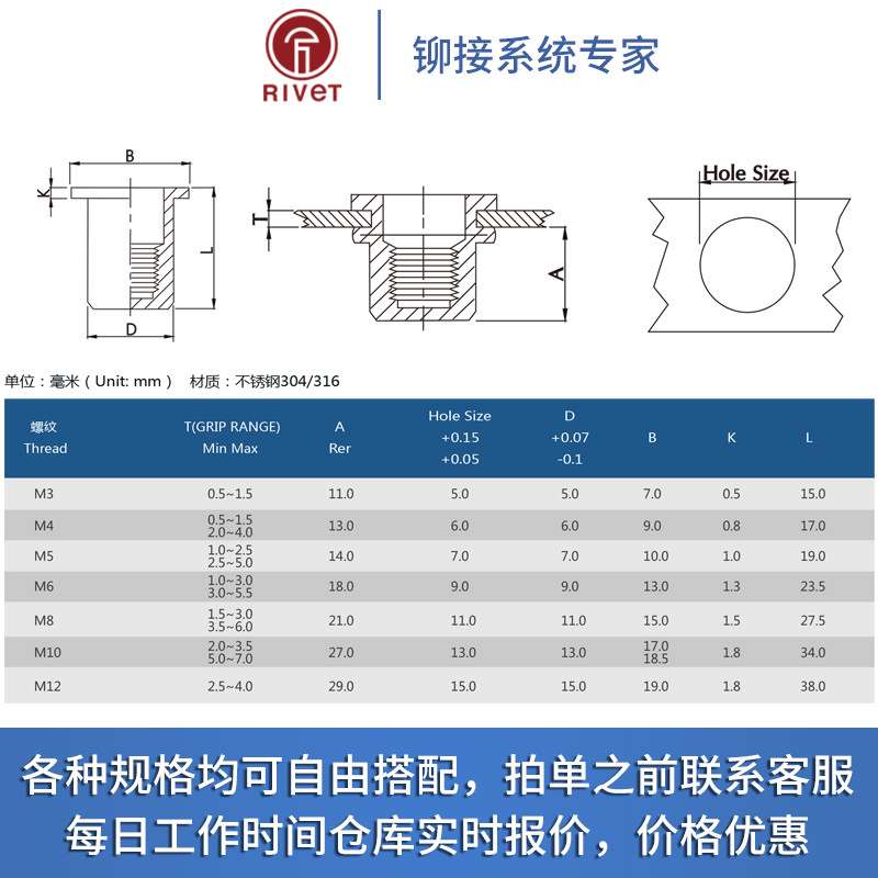 304不锈钢大沉头拉铆螺母滚花圆形竖纹拉母M4 M5 M6 M8 M10