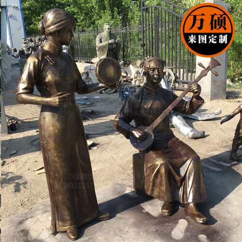 商业街广场民俗人物小品摆件 玻璃钢弹三弦仿铜音乐人物雕塑装饰
