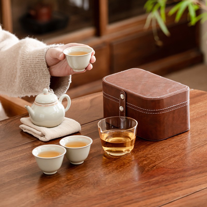 皮质双格旅行收纳盒一p壶三杯复古便携式茶器收纳茶事包纯色双线