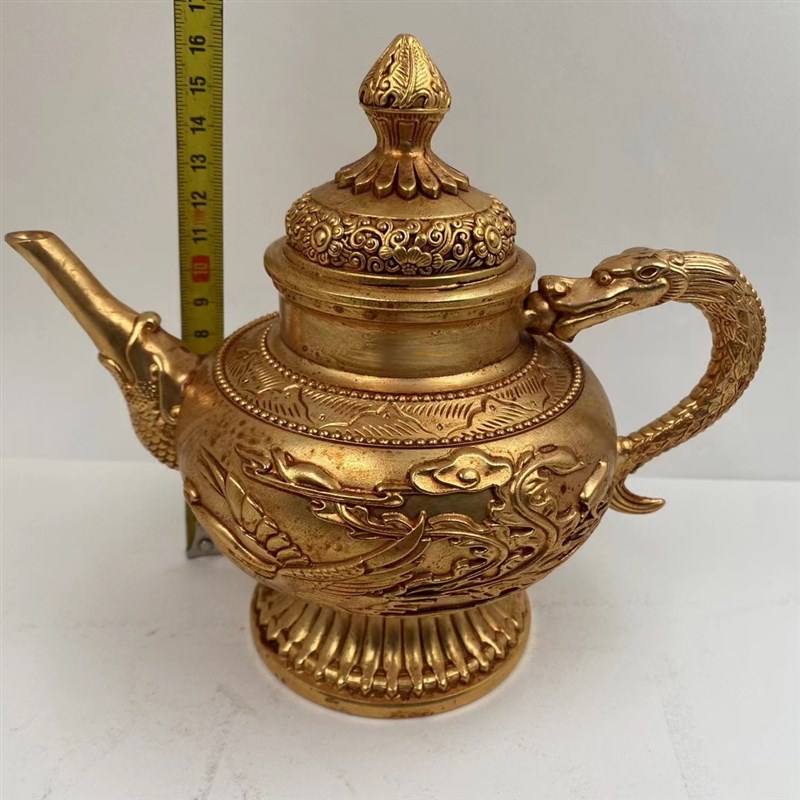 仿古工艺品铜镀24K金家居摆件龙凤G茶壶办公室桌面摆件送礼佳品