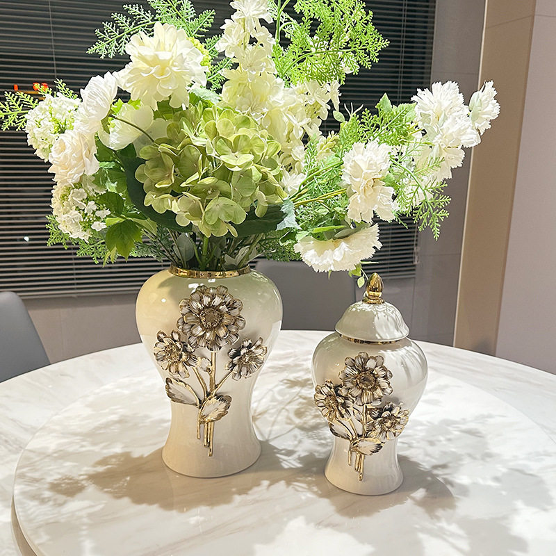 轻奢陶瓷手工贴花将军瓶电镀金色插花花瓶样板房玄关客厅花店摆件
