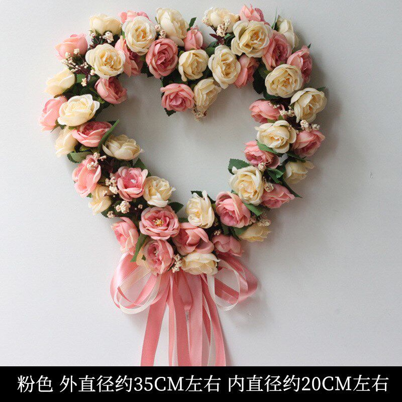 新款婚庆装饰花仿真绢花q假花绢布爱心形花环门饰婚礼装饰心形花