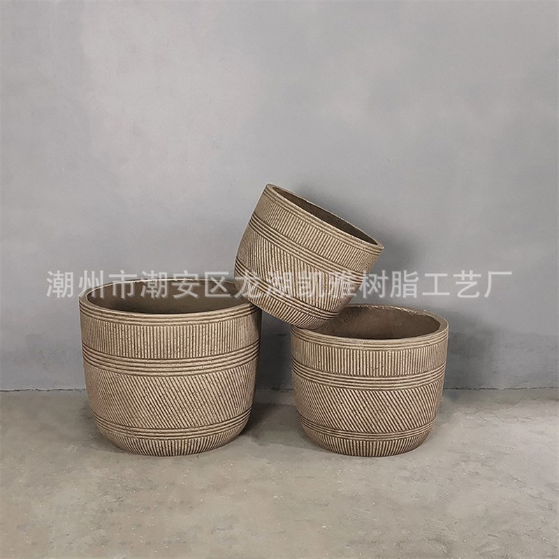 北欧风格创意纤维水泥花盆圆形z条纹落地花盆室内别墅庭院绿植花