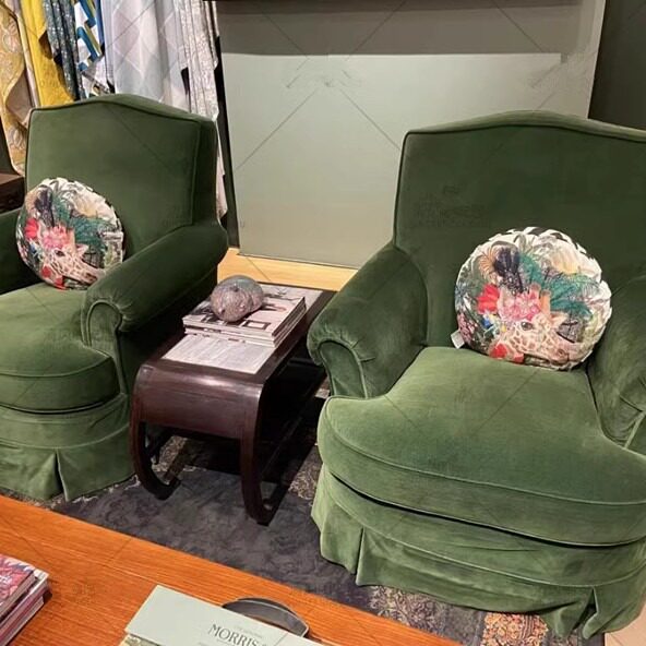 法式复古风墨绿色布艺阳台沙发椅中古单人高背休闲扶手沙发老虎椅