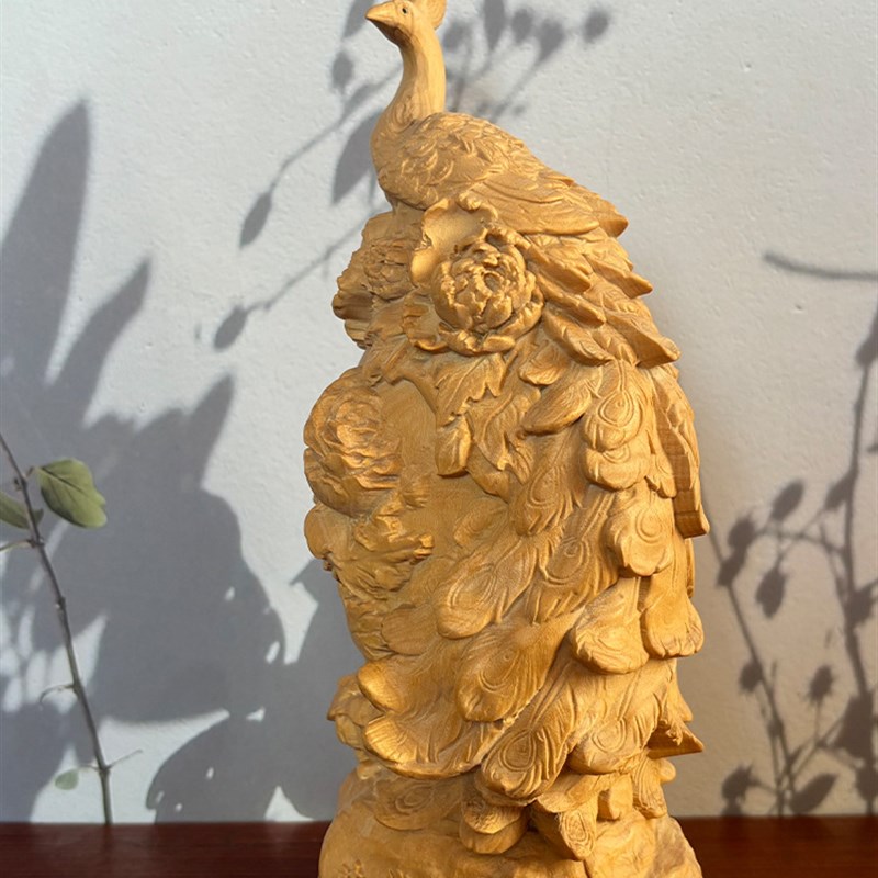 正宗小叶黄杨木i精雕荣华富贵孔雀牡丹摆件家居办公装饰品工艺品