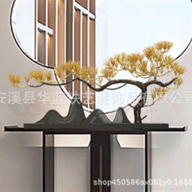 铁艺仿真迎客松金属摆件新中式招财桌面松树室内软装盆栽艺术装饰