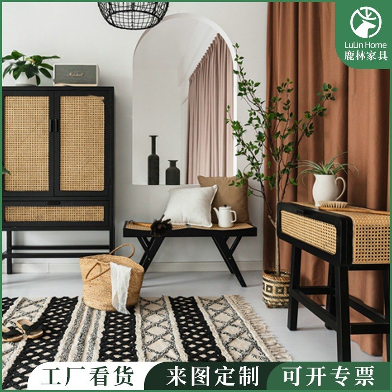 北欧家用卧室藤编实木q床头柜网红客厅餐边桌储物柜民宿日式床边