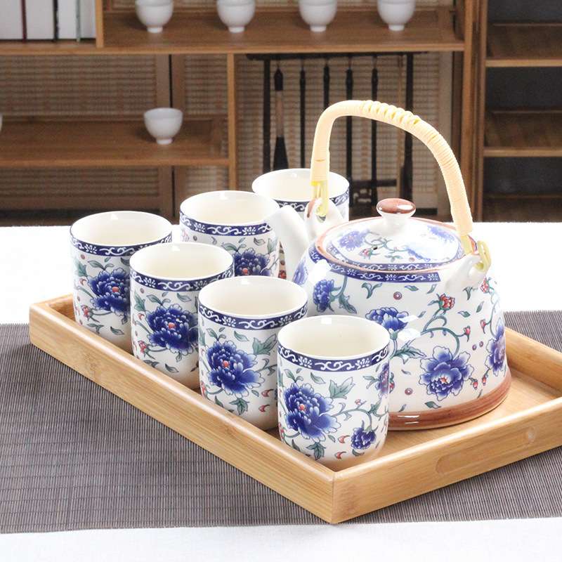 大号提梁壶茶具套装中老式陶瓷家用青花瓷泡茶壶茶杯托盘整套图片
