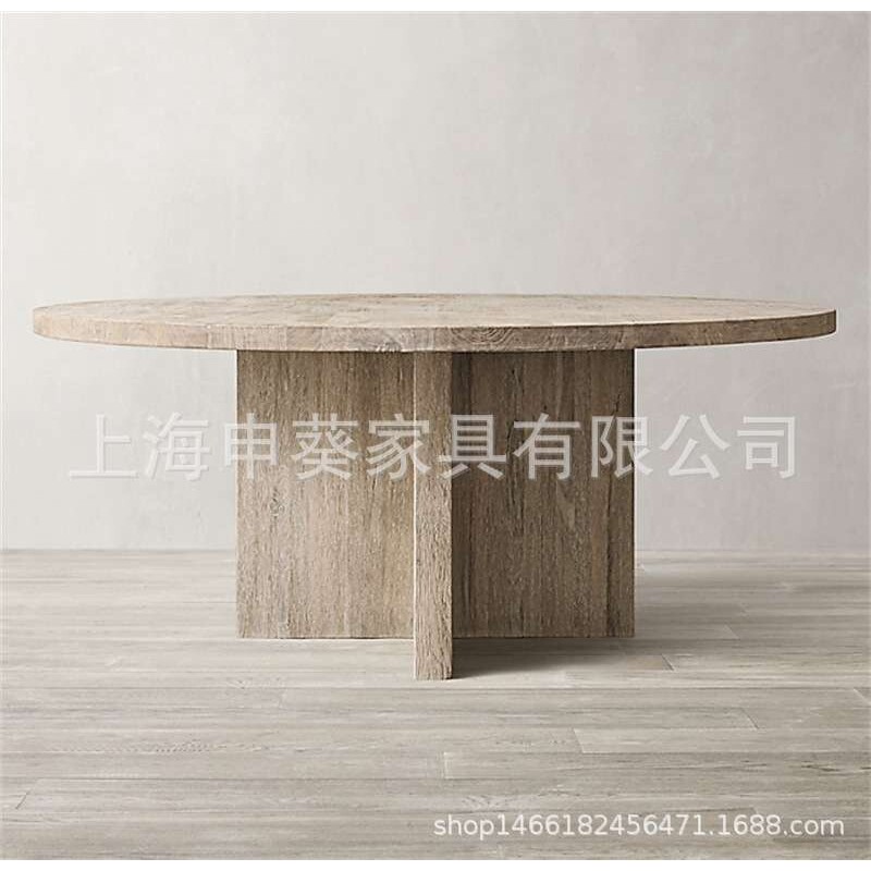 美式乡村复古轻奢实木圆形多人餐桌休闲洽谈桌餐厅家用别墅样板房