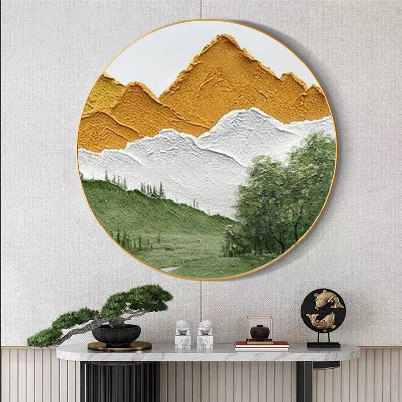 纯手绘圆形装饰画背有靠山玄关z餐厅挂画圆框风景画办公室壁画成
