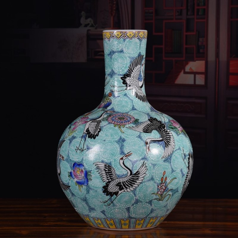 仿古手绘粉彩绿色仙鹤大号赏v瓶中式复古落地大花瓶玄关装饰品摆