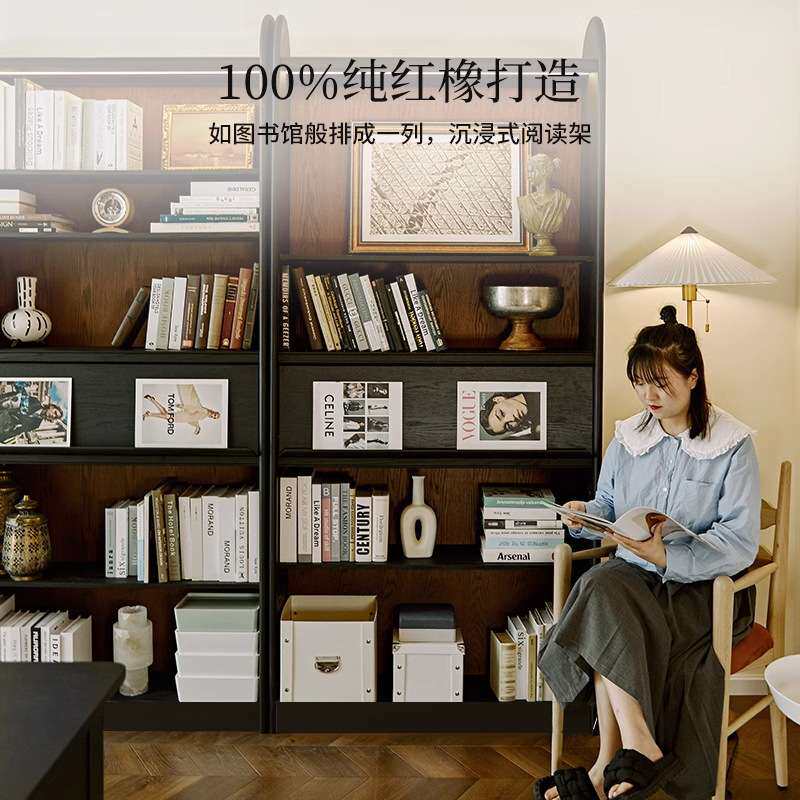 法式复古实木圆形书柜美式黑色书柜书架展示柜书房储物柜美式乡村