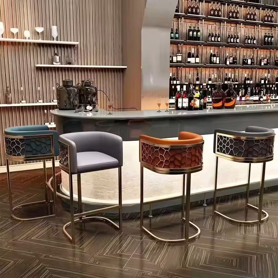 不锈钢豪华现代酒吧凳，带软垫皮革座椅钛金色几何图案餐厅客厅适
