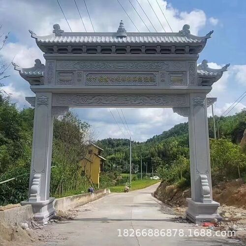 农村村口石雕牌楼景区公园花岗岩石牌坊三门P单门青石浮雕石牌坊