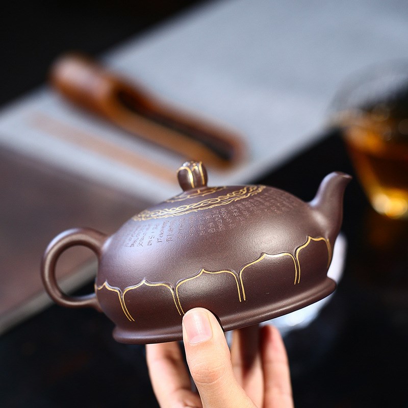 宜兴紫砂壶名家全j手工24K描金佛莲茶壶大容量紫泥泡茶壶特色茶具