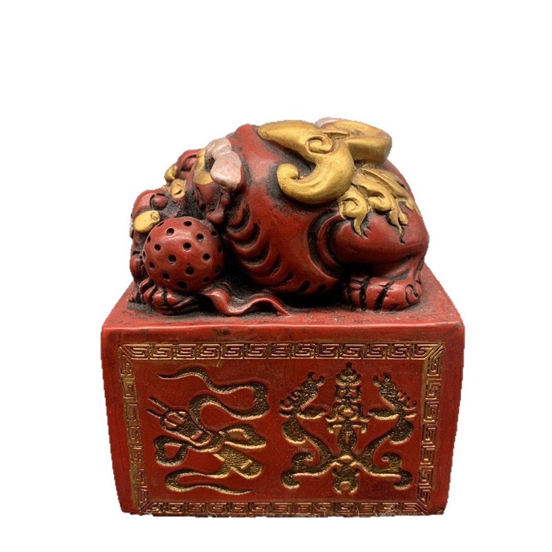 古玩仿古寿山石雕朱砂描金印w章60八仙三狮子玉玺摆件带字客厅装
