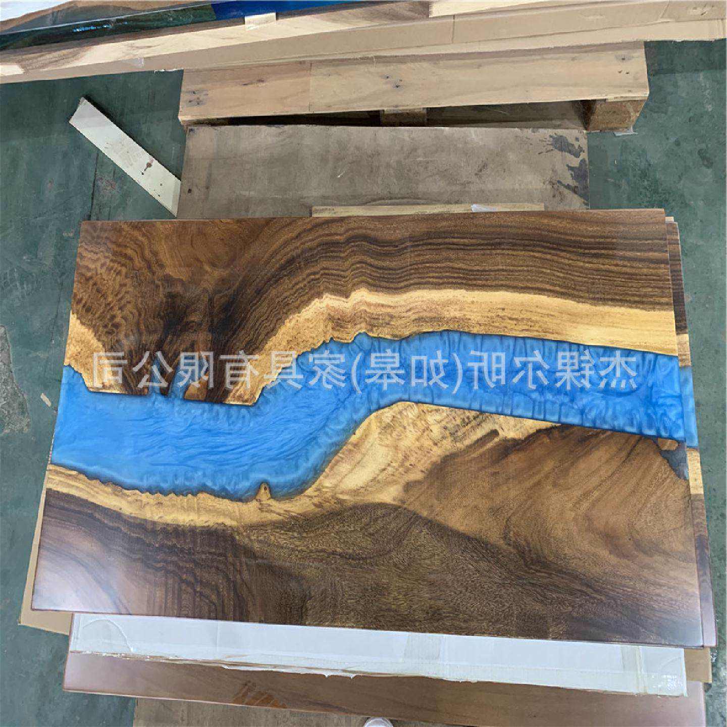 新中式实木树脂河流桌餐桌长方形办公会议茶桌现代创意书桌不锈钢