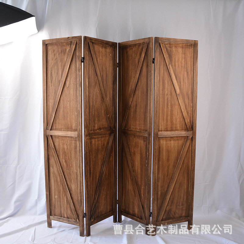 木制屏风 客厅木质隔断复古做旧折屏 客厅玄关折叠隔断米字屏风