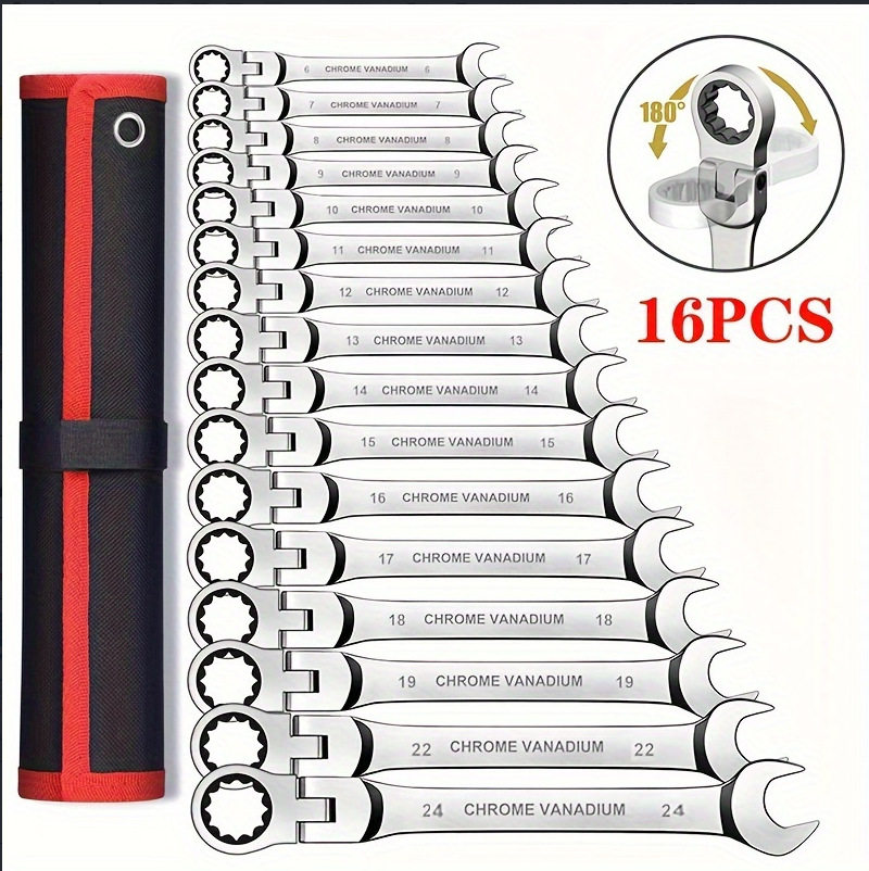 180度摇头棘轮扳手16pcs汽修船舶维修组套工具6-24mm