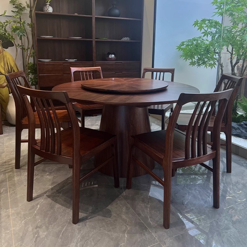新中式黑胡桃木实木圆桌子家用x转盘旋转圆型餐桌椅1.3米餐厅饭桌