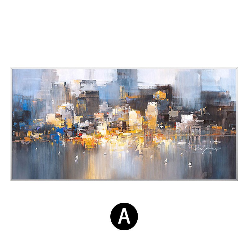 纯手绘油画抽象灰白城市夜晚客厅现代沙发背景Q装饰画走廊过道挂