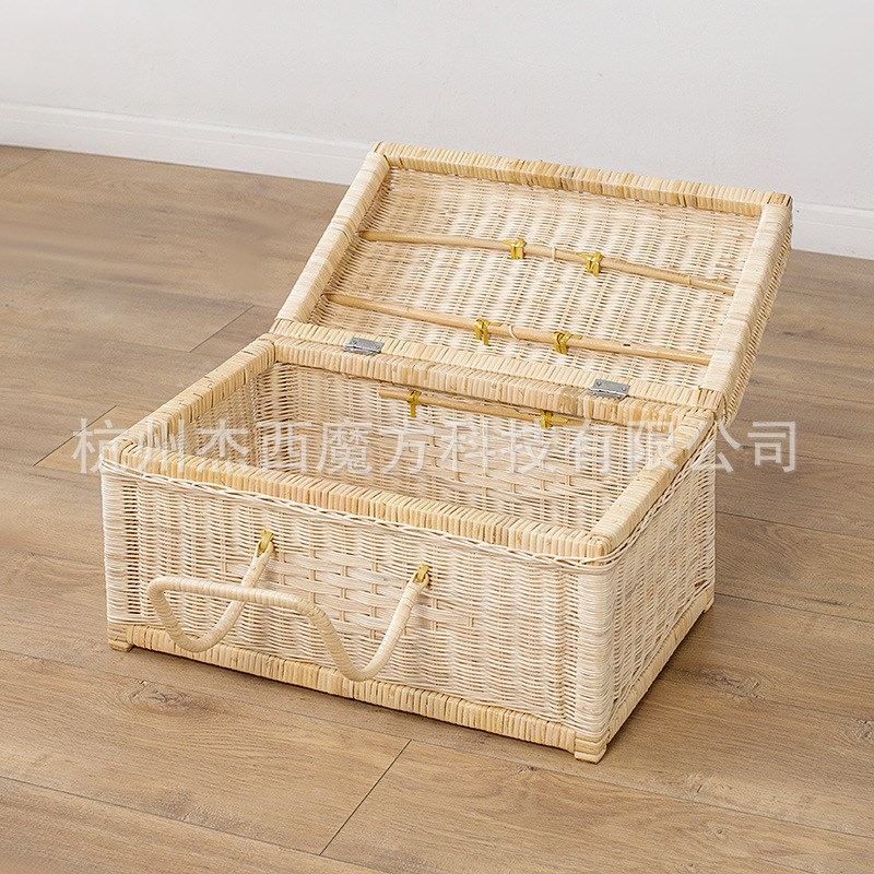 印尼白藤手工编织l收纳箱衣物整理箱野餐提手篮家居杂物筐带盖箱
