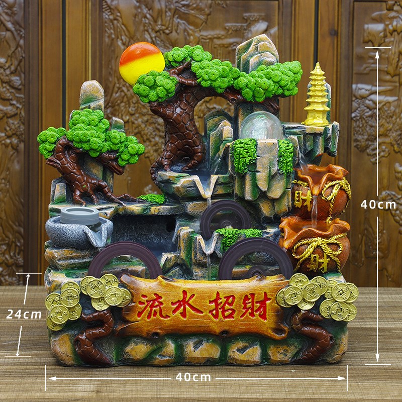 新奇特中式创意 l风水轮高山流水三个水车桌面加湿器摆件桌面假山