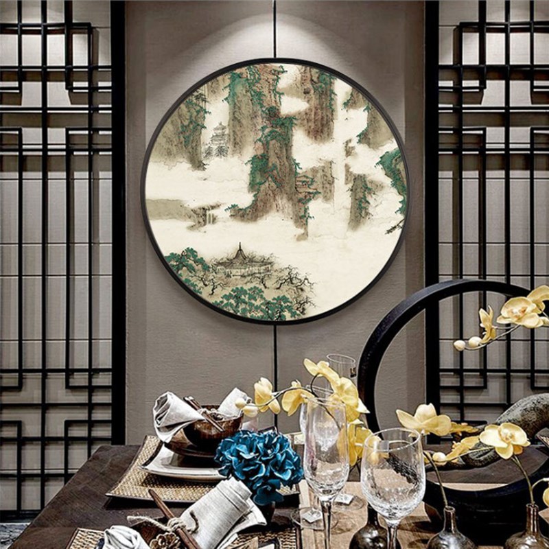 3JO定 d制新中式圆形装饰画入户玄关山水立体钉子画客厅茶室挂画