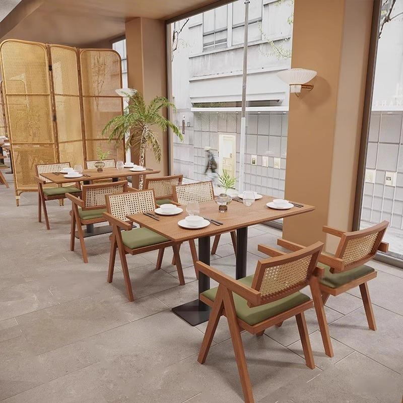 实木藤编餐桌椅甜品奶茶店洽谈桌椅主题餐厅椅子圆桌家用商用场所