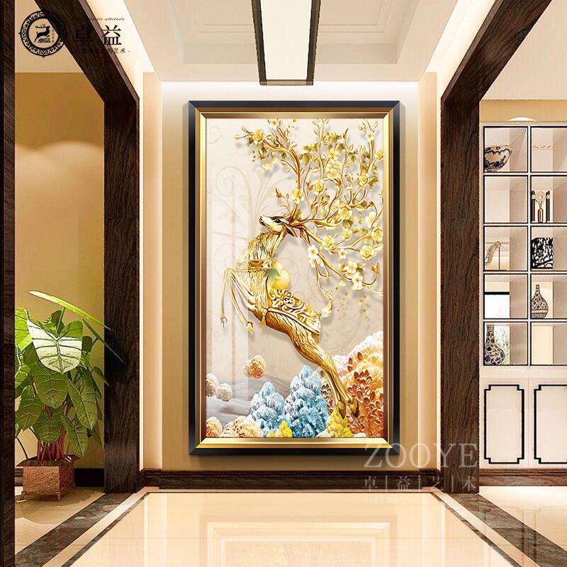 现代轻奢大气玄j关装饰画竖版走廊过道壁画招财发财鹿欧式客厅挂