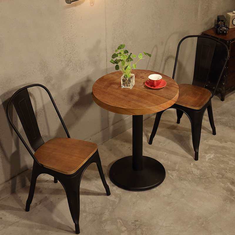 美式loft实木餐桌 工业风咖啡厅圆形桌椅组合 复古餐厅吃饭桌子