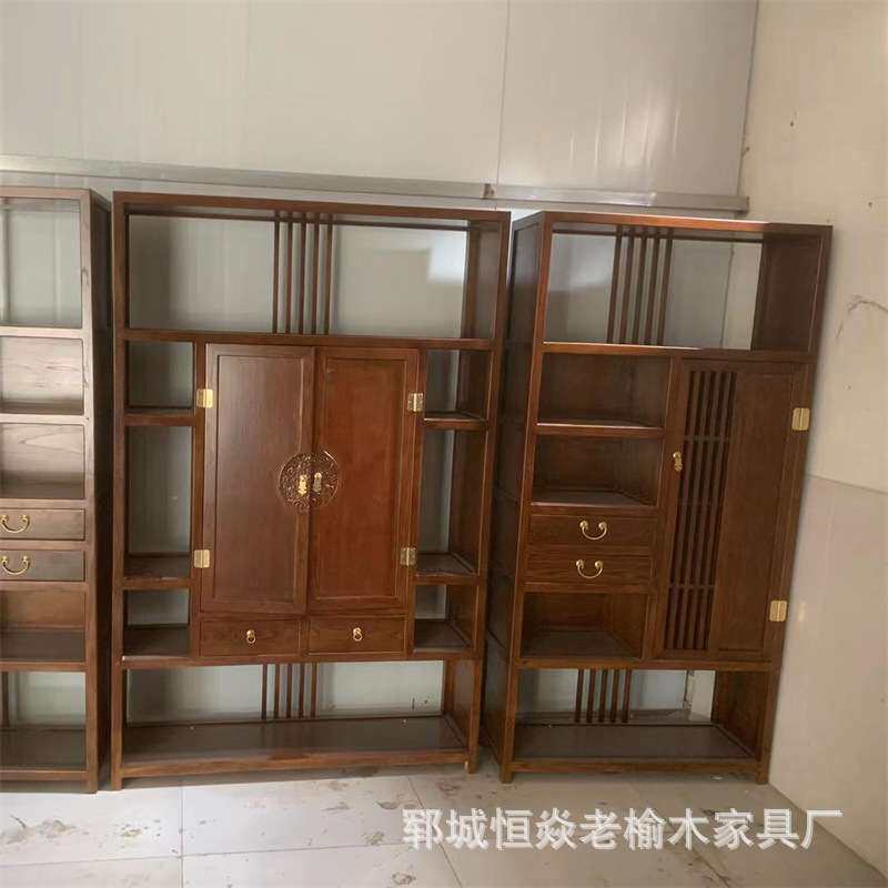 老榆木中式博古架隔断置物实木多宝阁展示柜榆木茶室叶饼格子架