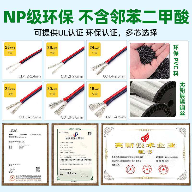 ul2468红黑双并线24 22 20 18 16AWGLED照明电子电器设备配线