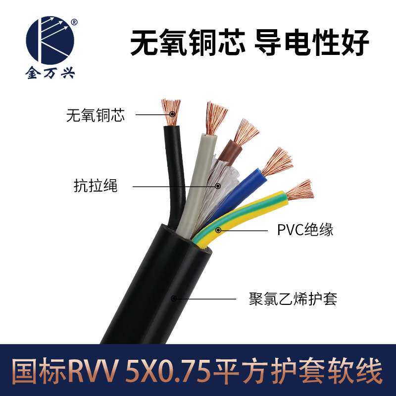 金万兴国标RVV铜芯5芯护套线5*0.75平方电源信号控制设备电缆厂家