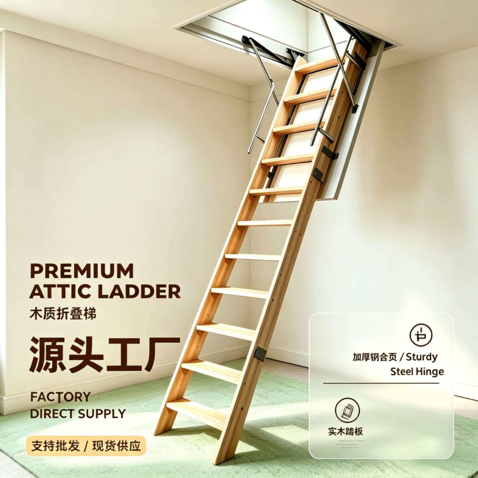 直销实木折叠梯北欧加厚阁楼楼梯实木梯 木质阁楼伸缩梯爬梯
