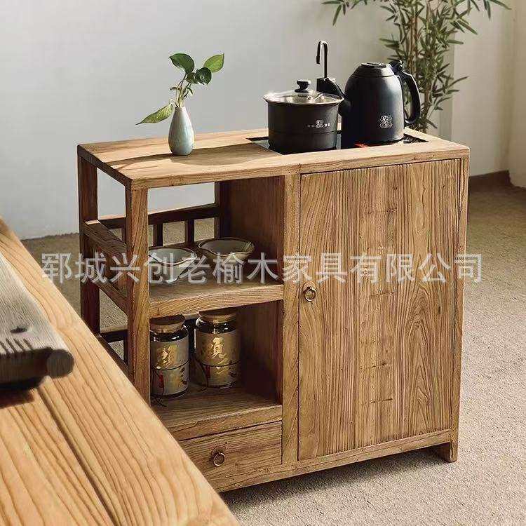 老榆木茶水柜实木风化茶桌边柜侧边柜烧水壶放置柜一体茶柜可移动