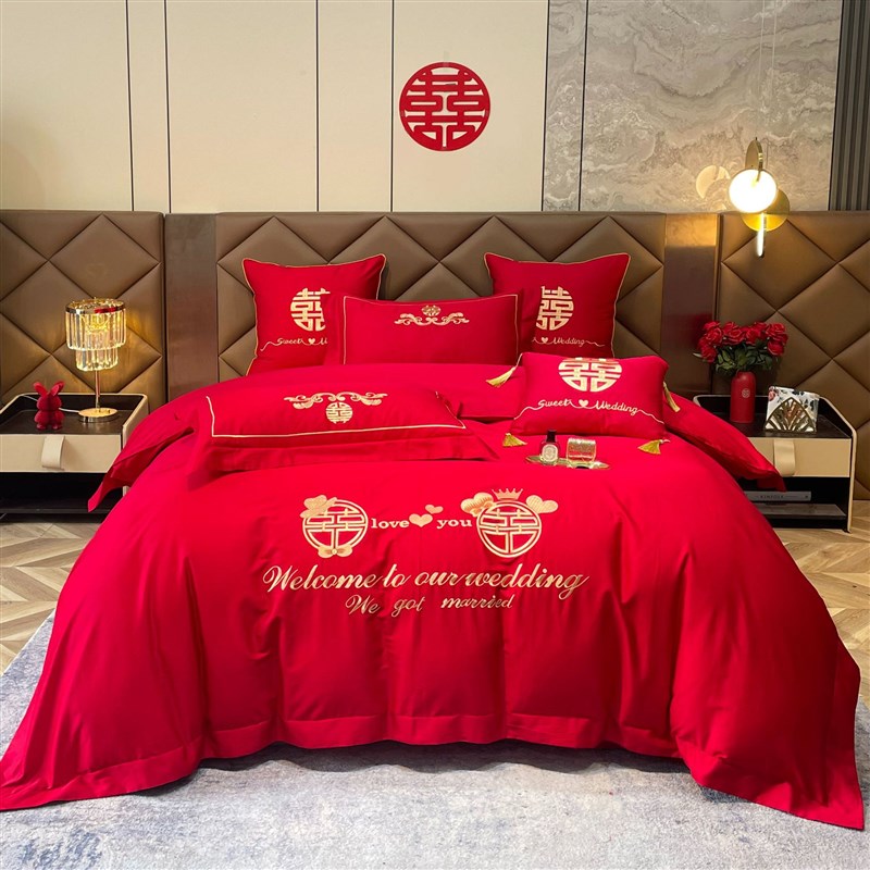 中国风大红色结婚四件套40支全棉纯棉床单婚房布置结婚床上用品