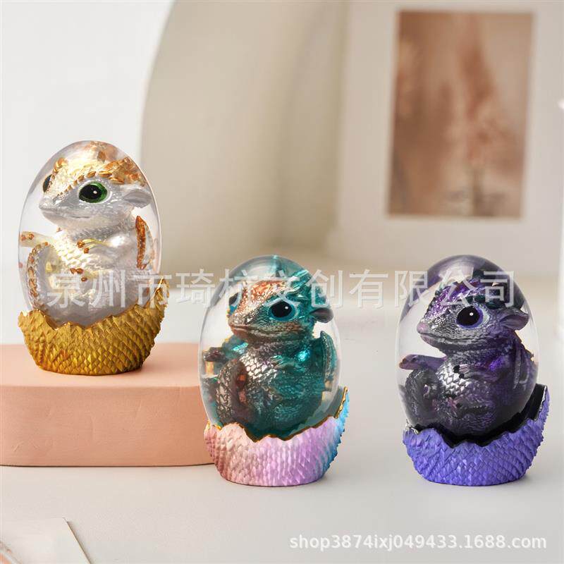 跨境新品热销蛋壳中的新生龙透明龙蛋彩色金白可爱雕像摆件装饰品