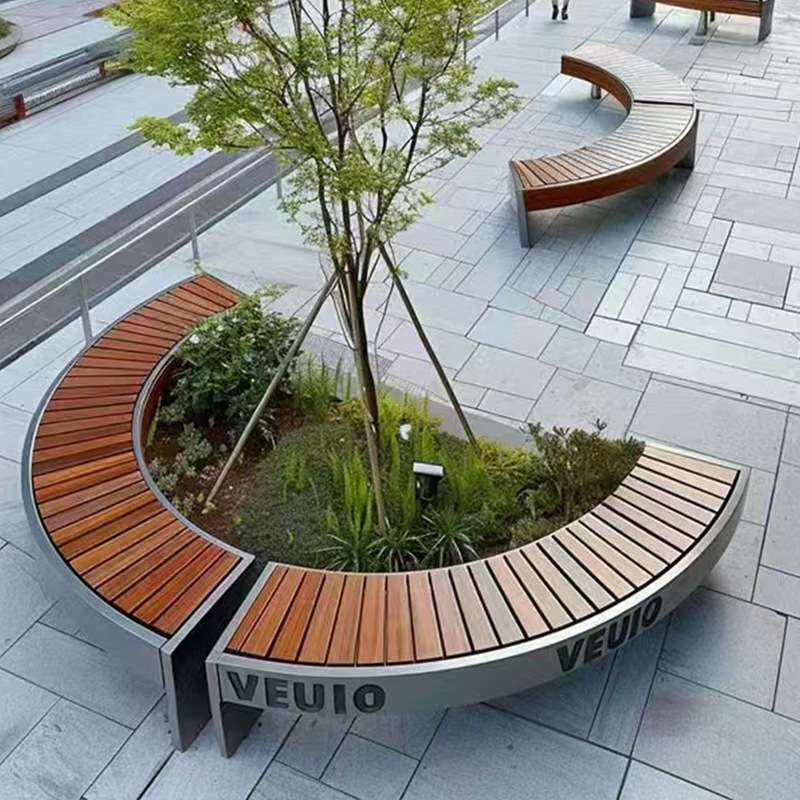 景观弧度座凳现代简约商场实木休闲长椅不锈钢塑木户外公园椅