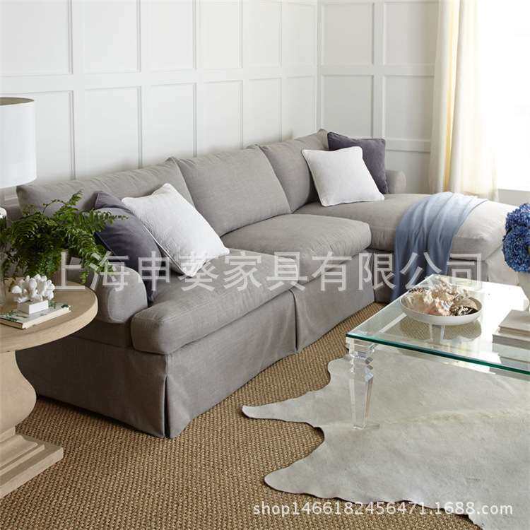 美式乡村棉麻布艺沙发组合L型转角贵妃沙发北欧大小户型灰色沙发