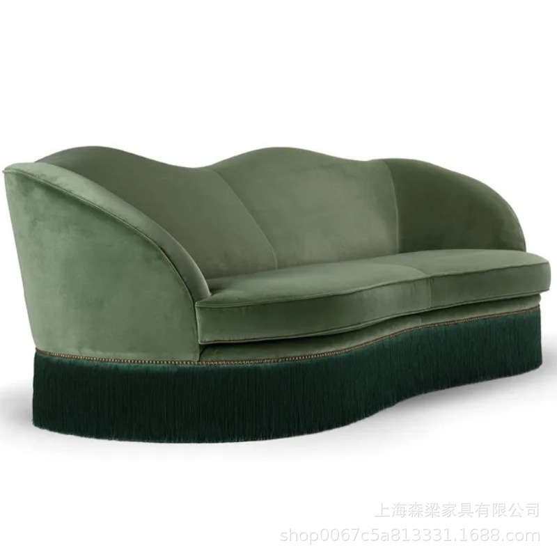 美式复古布艺沙发床墨绿色流苏折叠一体两用多功能小户型客厅公寓