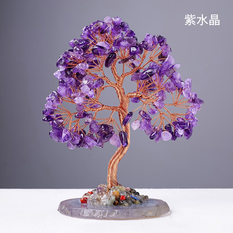 玛瑙片水晶碎石发财树紫水晶黄水晶招财树家居桌面装饰工艺品摆件